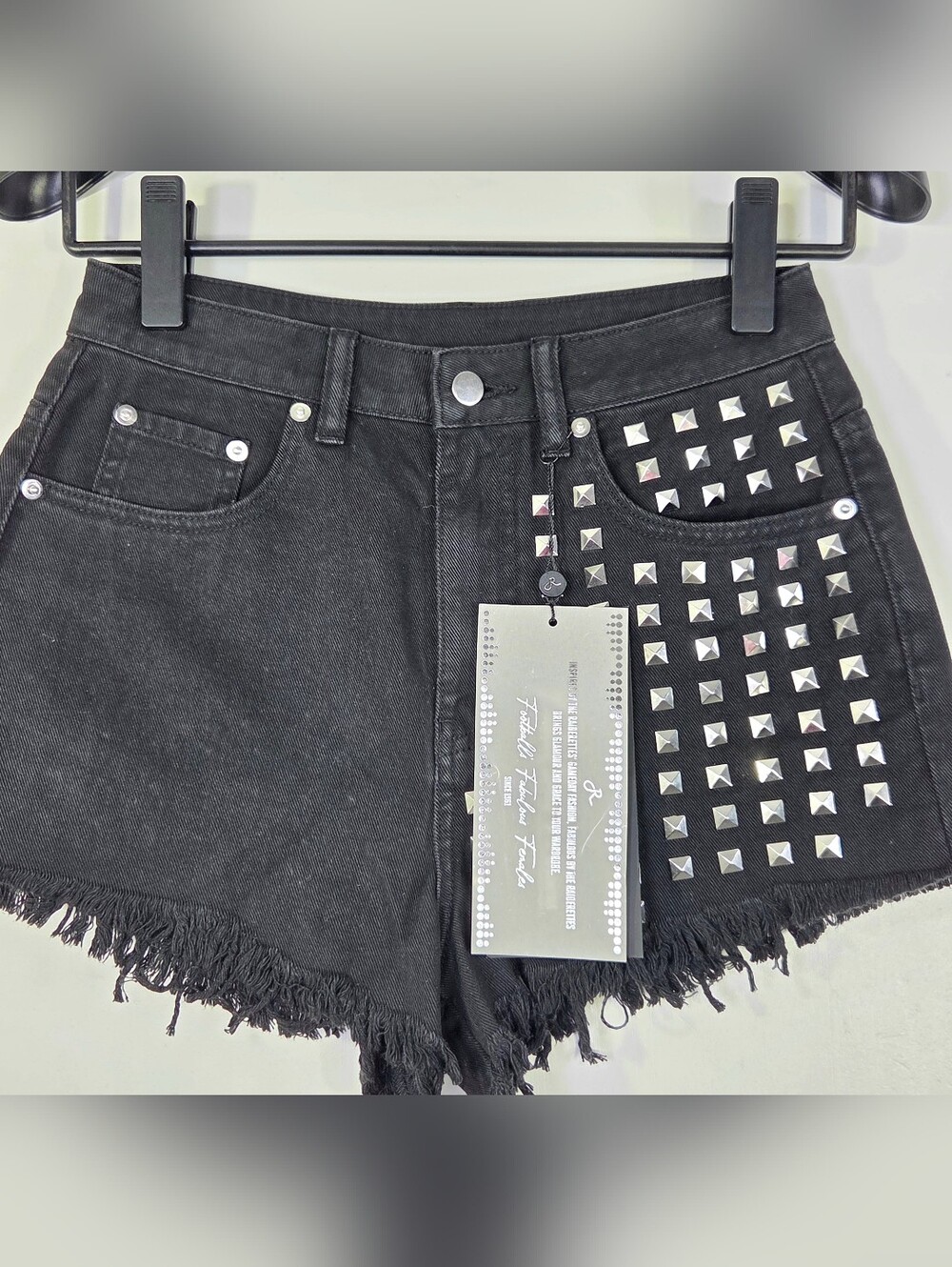 NWT FABULOUS BY THE RAIDERETTES DENIM STUDDED FRAYED SHORTS. - Picture 2 of 10